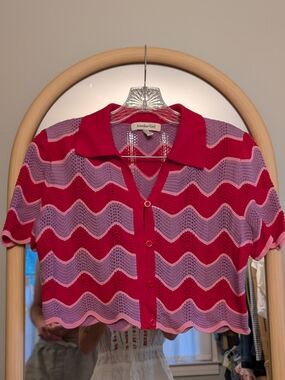 Another Girl Pink & Red Zigzag Knit Polo Crop Top
